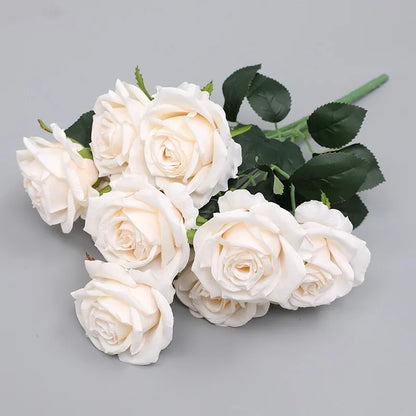 9 Heads Simulation Big Rose Bouquet Wedding Flowers White Fake Roses Artificial Flower Silk Flowers Home Decoration