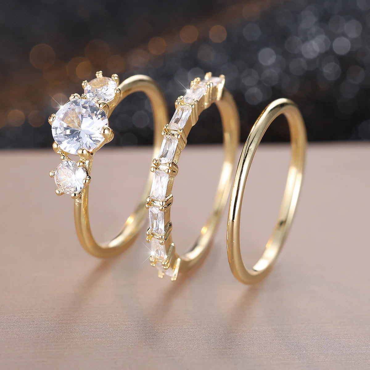 3pcs Luxury Bridal Stacking Thin Ring Sets For Women Gold Color Round White Zircon Wedding Bands Party Mothers Day Jewelry Gifts