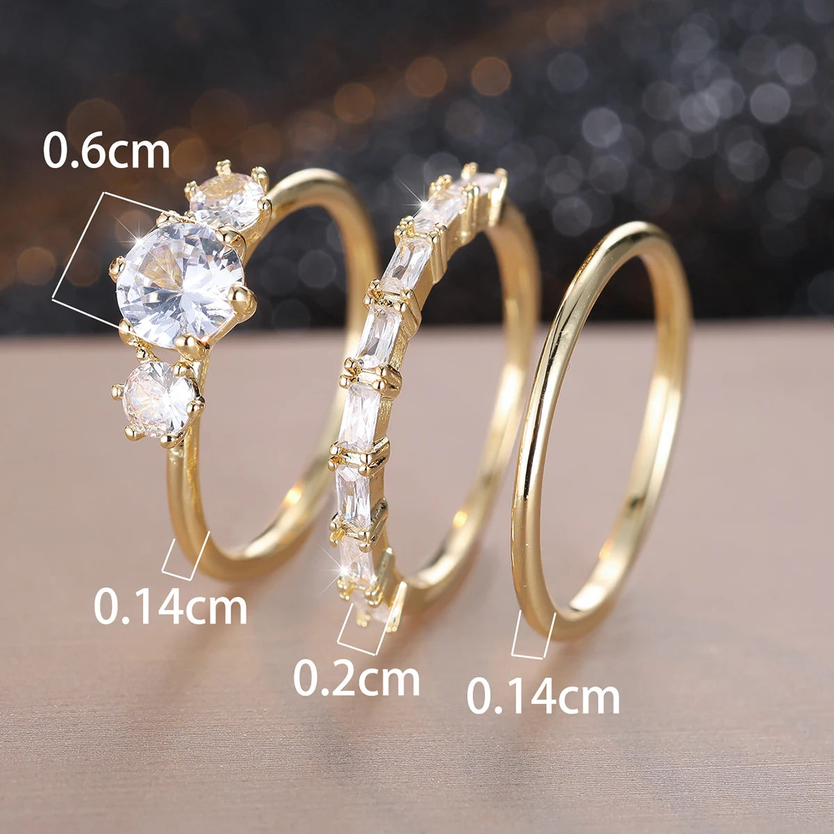 3pcs Luxury Bridal Stacking Thin Ring Sets For Women Gold Color Round White Zircon Wedding Bands Party Mothers Day Jewelry Gifts