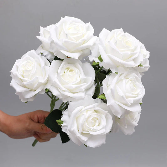 9 Heads Simulation Big Rose Bouquet Wedding Flowers White Fake Roses Artificial Flower Silk Flowers Home Decoration