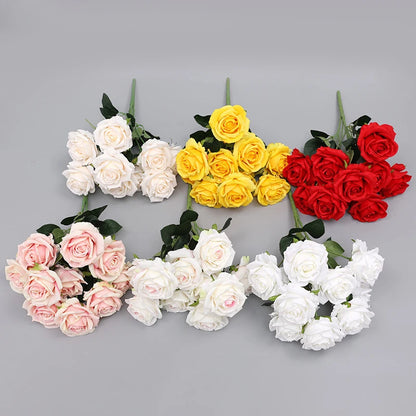 9 Heads Simulation Big Rose Bouquet Wedding Flowers White Fake Roses Artificial Flower Silk Flowers Home Decoration